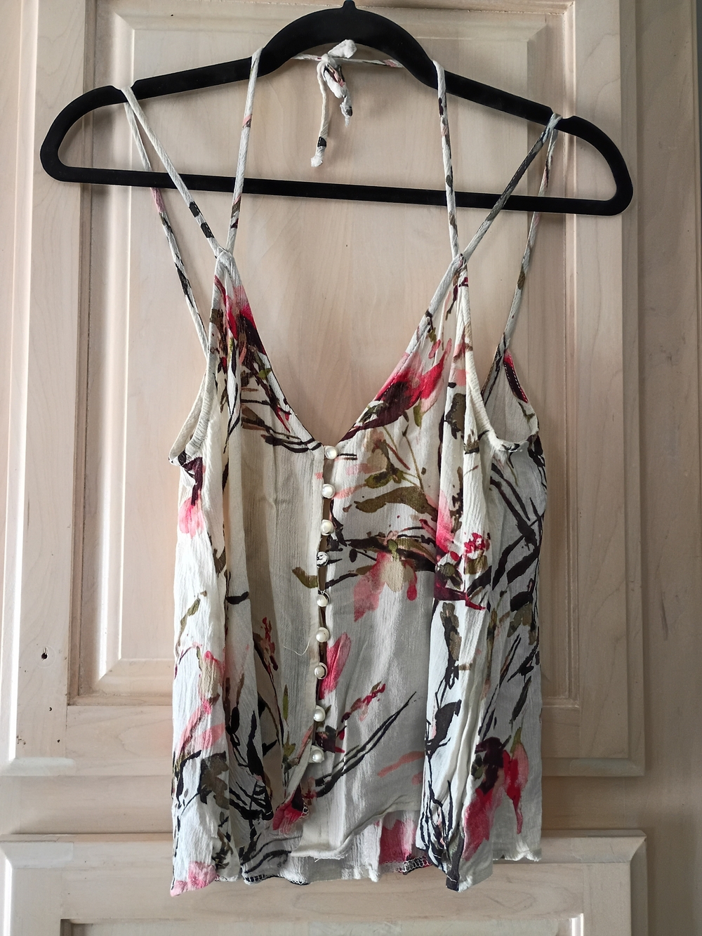 Floral Pearl-Button Spaghetti Strap Camisole - Cream with Pink Floral